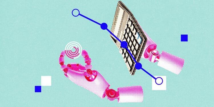 robot using calculator digital collage