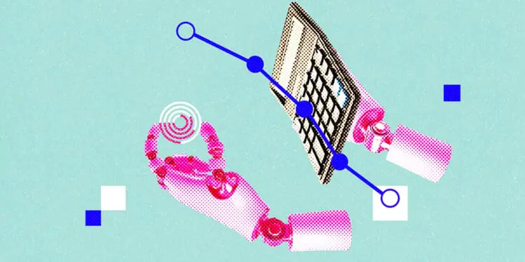 robot using calculator digital collage