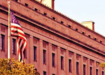 us doj building with flag