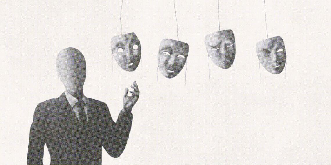 business figure choosing personality face mask