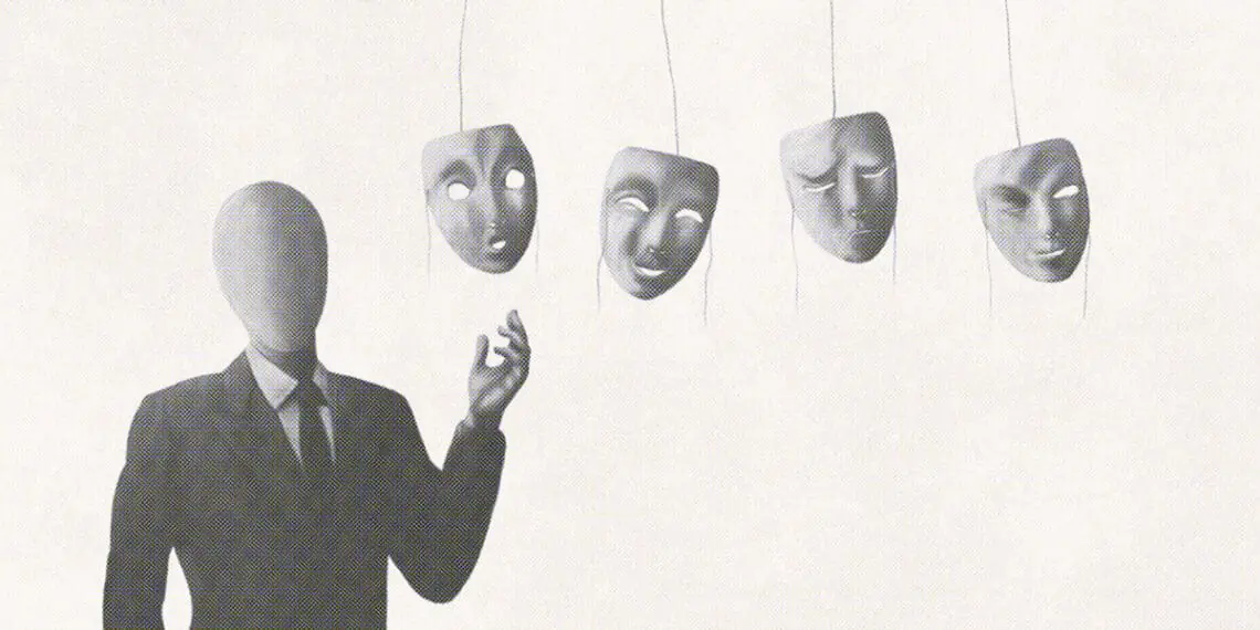 business figure choosing personality face mask