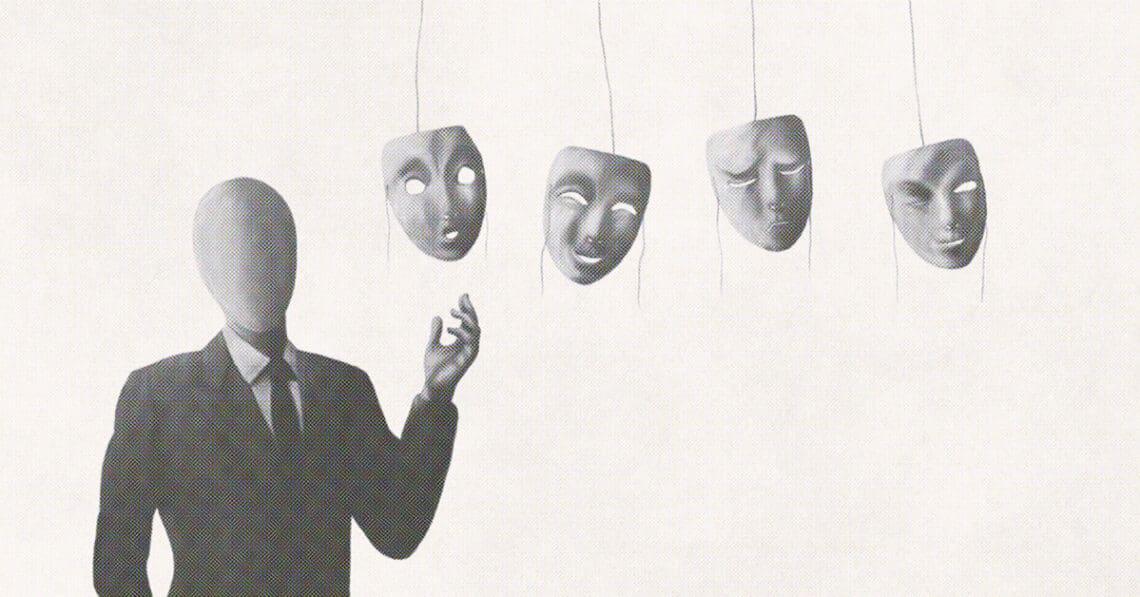 business figure choosing personality face mask