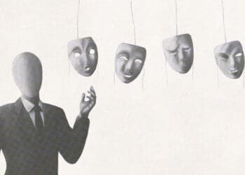 business figure choosing personality face mask