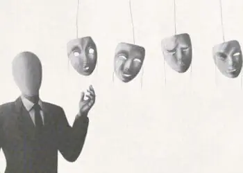 business figure choosing personality face mask