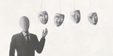 business figure choosing personality face mask