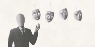 business figure choosing personality face mask