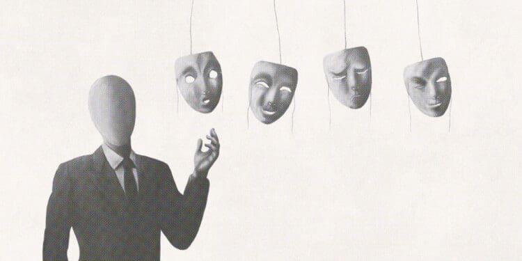 business figure choosing personality face mask