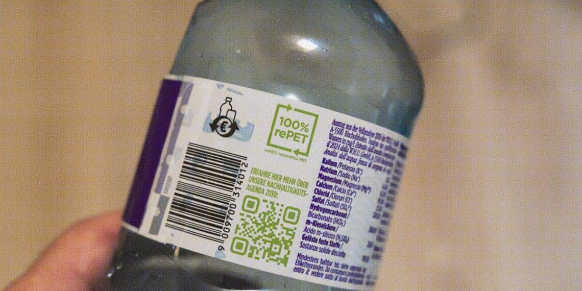 recycled materials label on plastic bottle
