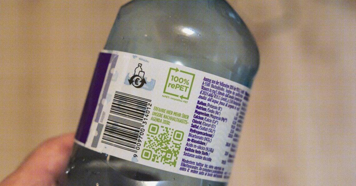 recycled materials label on plastic bottle