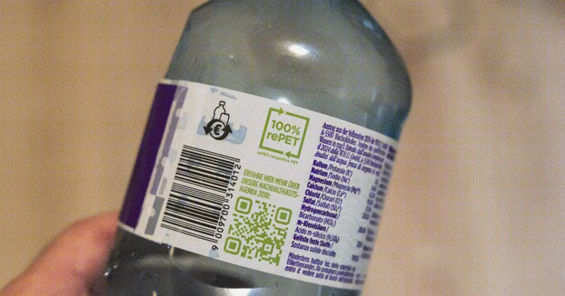 recycled materials label on plastic bottle