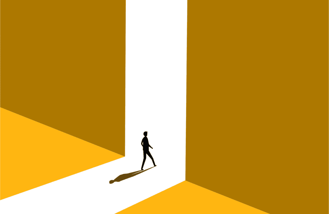 Figure departing through doorway suggesting employee leaving