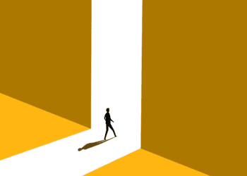 Figure departing through doorway suggesting employee leaving