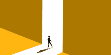 Figure departing through doorway suggesting employee leaving