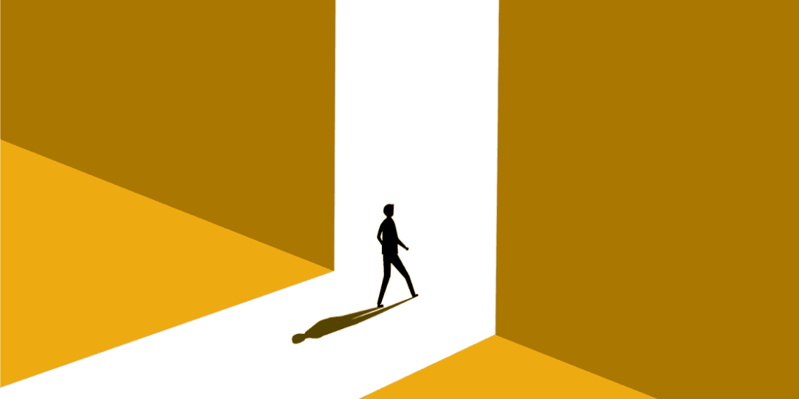 Figure departing through doorway suggesting employee leaving