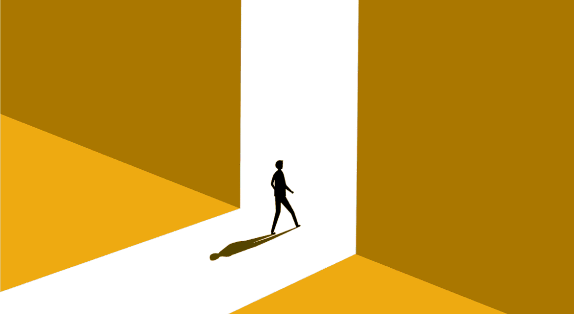 Figure departing through doorway suggesting employee leaving