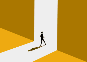 Figure departing through doorway suggesting employee leaving