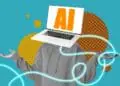 Human body with AI head denoted by letters "AI" on laptop screen