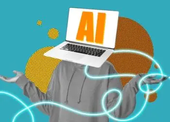 Human body with AI head denoted by letters "AI" on laptop screen