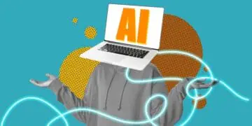 Human body with AI head denoted by letters "AI" on laptop screen