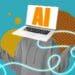 Human body with AI head denoted by letters "AI" on laptop screen