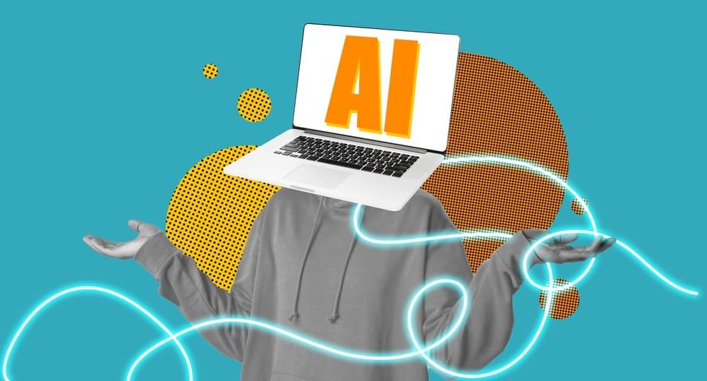 Human body with AI head denoted by letters "AI" on laptop screen